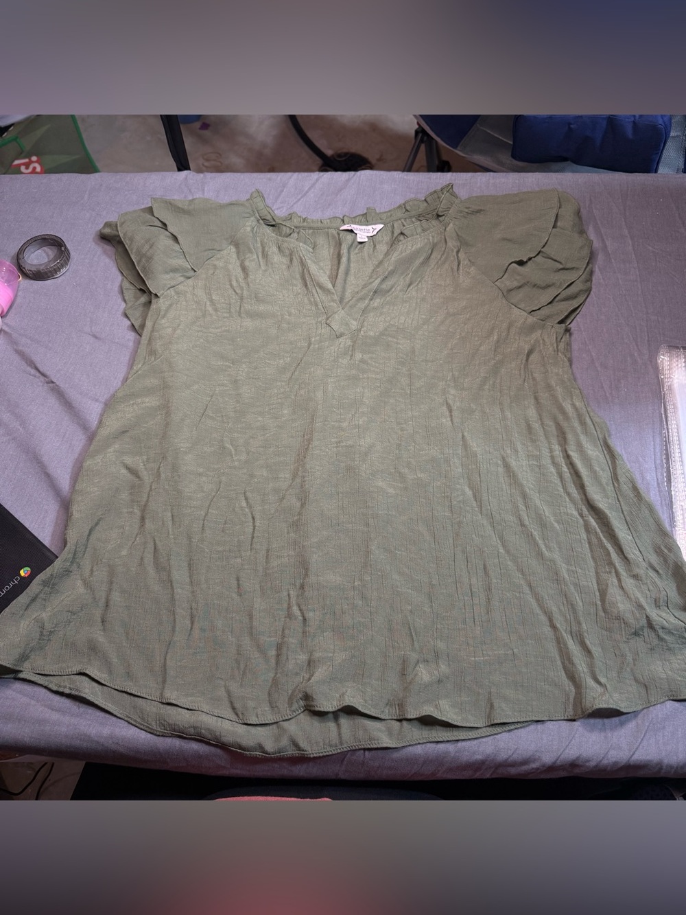 Nanette Lepore Olive Green Ruffle Sleeve V-Neck Blouse